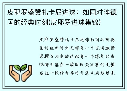 皮耶罗盛赞扎卡尼进球：如同对阵德国的经典时刻(皮耶罗进球集锦)